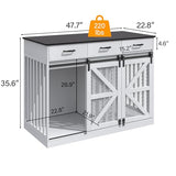 kepptory 48 Inch Large Dog Crate Furniture with 3 Storage Drawers, Wooden Pet Kennel with Removable Divider, Dog Kennel End Table TV Stand, Farmhouse Style Dog Crates with Sliding Barn Door (White) kepptory