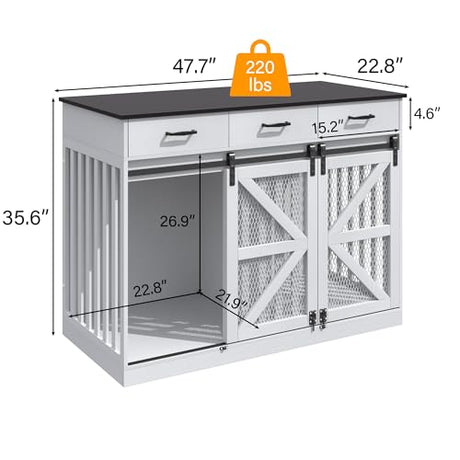 kepptory 48 Inch Large Dog Crate Furniture with 3 Storage Drawers, Wooden Pet Kennel with Removable Divider, Dog Kennel End Table TV Stand, Farmhouse Style Dog Crates with Sliding Barn Door (White) kepptory