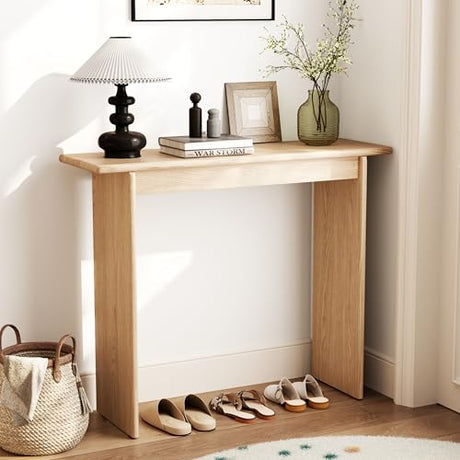 AQIMUELE Natural Console Table Thin Rubberwood Minimalist Mid-Century Style | Stable and Sturdy 11.8" D x 39.4" W x 31.5" H for Entryway/Sofa Back AQIMUELE