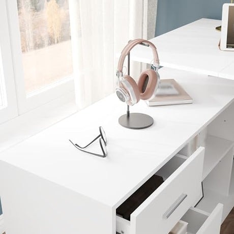 Lovinouse Large White Electric Adjustable Standing Desk, Reversible L Shaped Office Work Desk with Storage Drawers, Adjustable Height and Shelves, Rising Study Computer Table for Home Office, Bedroom Lovinouse