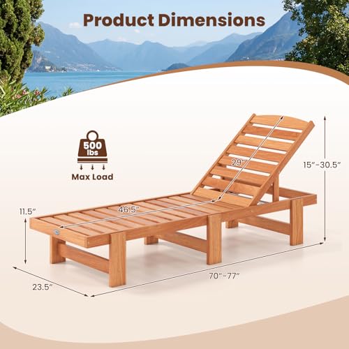 Tangkula Lounge Chair Outdoor, Solid Wood Patio Chaise Lounge with 5-Level Adjustable Backrest, Wooden Slatted Beach Pool Sunbathing Recliner for Outside Backyard, 500 LBS Max Load (2,Natural)