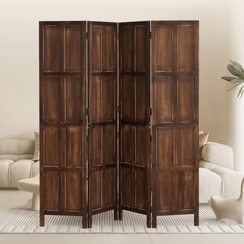 Asnefeli Wood 4 Panel Room Divider, 5.6Ft Detachable Folding Privacy Screen for Room Separation, 33.5" 2in1 Removable Short Wall Divider Screen for Home Office, Bedroom, Dog Gate for Isolate Dog-Brown Asnefeli