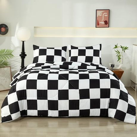 Anrenoti Black White Plaid Comforter Set, 3 Pieces Fluffy Gingham Checkered Down Alternative Comforter Full (79"x90"), Lightweight Microfiber Geometric Bedding with 2 Pillowcases for All Seasons Anrenoti