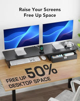 HUANUO Ergonomic Dual Monitor Stand Riser with Steel Tray & Fabric Drawer, Large Desk Organizer with One-Piece Platform, Monitor Stand for Desk, Computer Monitor Stand with Cable Management HUANUO