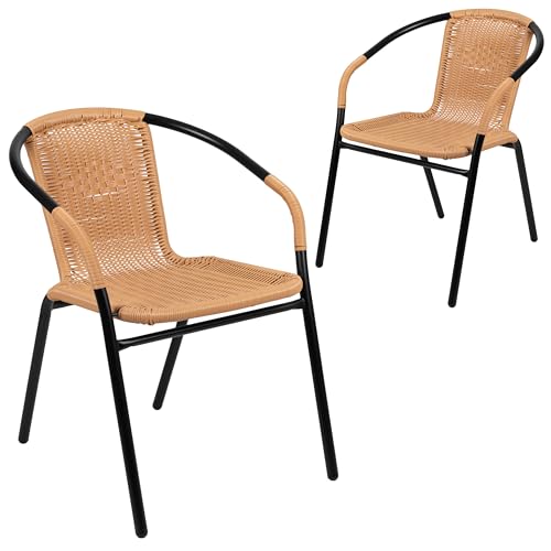 EMMA + OLIVER 2 Pack Beige Rattan Indoor-Outdoor Restaurant Stack Chair with Curved Back EMMA + OLIVER