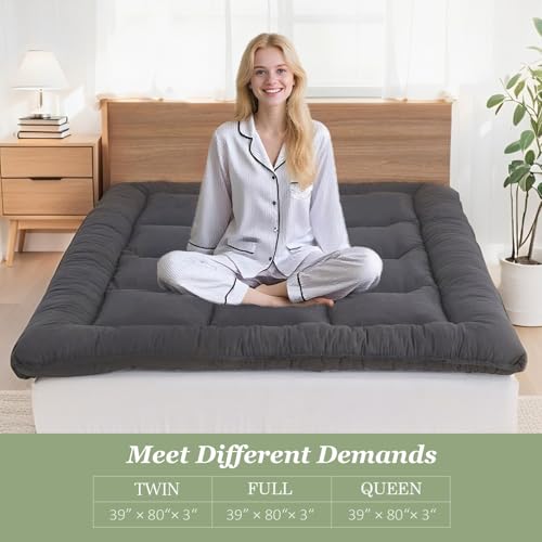 Japanese Floor Mattress Foldable & Portable Roll Up Futon Mattress 3" Grey Tatami Mat for Adult and Kids，Shredded Memory Foam Filled with Straps Sleeping Pad Suitable for Camping，39"x 80" Twin Size SHOUREN