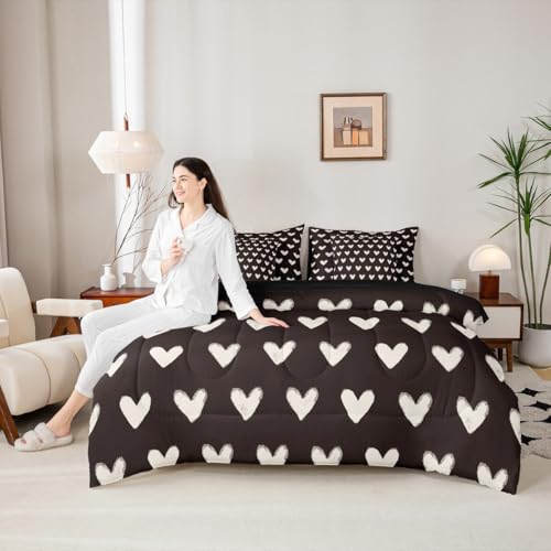 Erosebridal Black White 7 Pcs Comforter Set King Bed in a Bag,Cute Heart Pattern Bedding Set for Kids Boys Girls Valentine Day Quilt Cartoon Love Geometric Duvet Insert Love Heart Flat Fitted Sheet Erosebridal