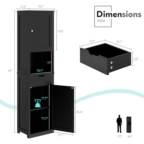 Vongrasig Tall Bathroom Storage Cabine, 64”H Freestanding Storage Pantry Cabinet, Narrow Cabinet with Adjustable Shelves, Open compartments for Small Spaces, Bathroom, Living Room, Kitchen, Black Vongrasig