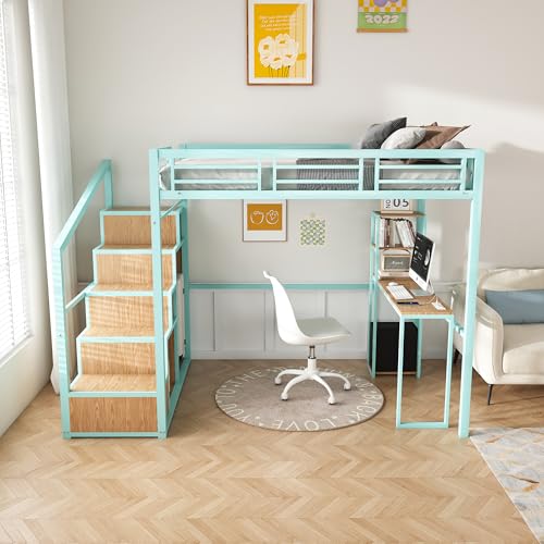 Ball & Cast Heavy Metal Full Size Loft Bed with Desk & Wardrobe,Bed Frame w/Built-in Staircase and Storage Rack,Gaming Bed w/Full-Length Guardrail,Space-Saving Bedroom Furniture for Adults,Green Ball & Cast