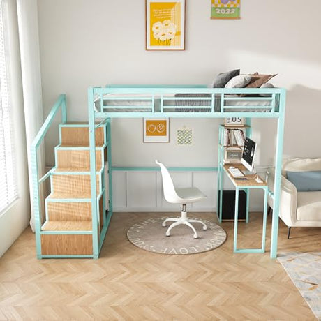 Ball & Cast Heavy Metal Full Size Loft Bed with Desk & Wardrobe,Bed Frame w/Built-in Staircase and Storage Rack,Gaming Bed w/Full-Length Guardrail,Space-Saving Bedroom Furniture for Adults,Green Ball & Cast