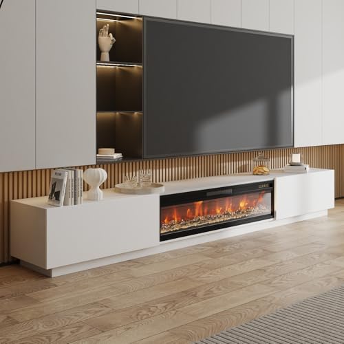 WOODTIME 109.4"W Fireplace TV Stand for TVs up to 85 Inches, 1500W/750W Electric Fireplace with 12-Color Flame, 2-Level Heat, Extra Long Entertainment Center with Large Drawers, for Living Room, White WOODTIME