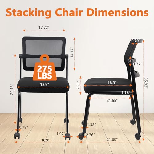 CLATINA Stacking Armless Office Waiting Room Chair with Wheels, Stackable Mesh Guest Reception Desk Chairs with Adjustable Backrest for Conference Lobby Side School, Black, 4 Pack CLATINA