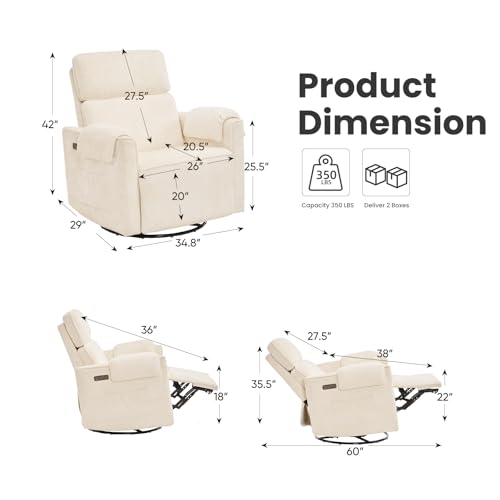 RUTOX Oversized Power Recliner Chair Swivel Glider with Adjustable Headrest, 26" Extra Wide Glider Nursery Chair with Overstuffed Armrest, USB Ports, Chenille Fabric, Cream