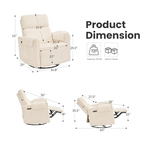 RUTOX Oversized Power Recliner Chair Swivel Glider with Adjustable Headrest, 26" Extra Wide Glider Nursery Chair with Overstuffed Armrest, USB Ports, Chenille Fabric, Cream RUTOX