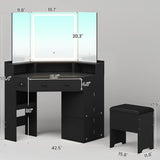 HAUOMS Corner Vanity Desk with Mirror and Lights, Power Outlet & Rotating Shelves, Makeup Vanities with Storage Bench, Drawers, 3 Light Settings, Dimmable for Women Girls, Black HAUOMS