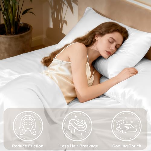 Love's cabin Full Size Satin Sheet Sets - 4 Piece White Silky Satin Sheet Set Full with Deep Pocket, Luxury Silk Feel Satin Bed Sheets Full Bedding Set (1 Flat Sheet,1 Fitted Sheet,2 Pillow Cases) Love's cabin