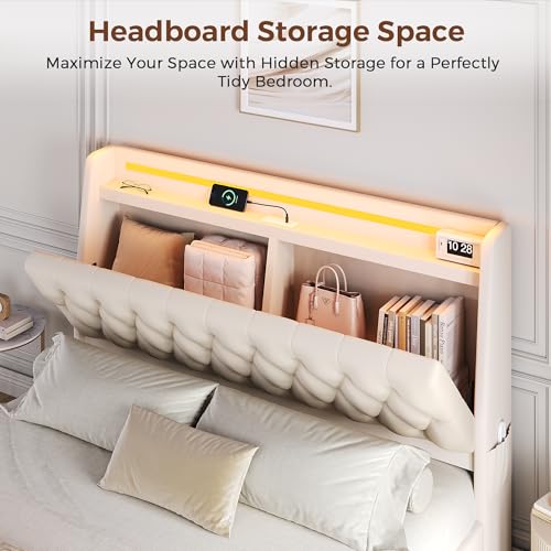 Queen LED Velvet Bed Frame with 2 Storage Drawers&Hidden Headboard, Upholstered Platform Bed with Charging Station&Button Tufted Design, Wooden Slats Support, Box Spring Optional, Easy Assembly, Beige Jocoevol