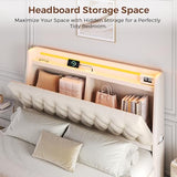 Queen LED Velvet Bed Frame with 2 Storage Drawers&Hidden Headboard, Upholstered Platform Bed with Charging Station&Button Tufted Design, Wooden Slats Support, Box Spring Optional, Easy Assembly, Beige Jocoevol