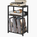 LELELINKY Side Table with Storage, Black Night Stand for Small Spaces, 3 Tier Industrial Wooden Record Player Holder with Vinyl Storage Shelf, End Tables Printer Stand for Bedroom LELELINKY