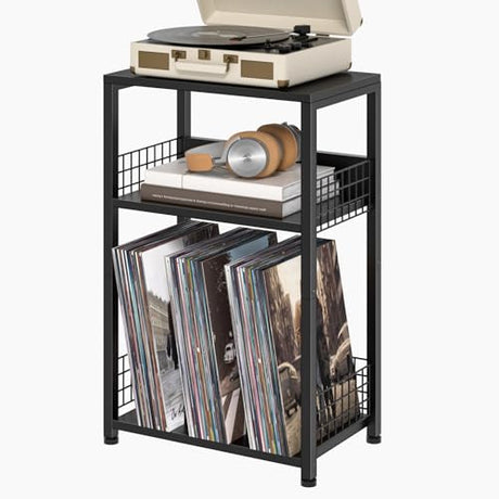 LELELINKY Side Table with Storage, Black Night Stand for Small Spaces, 3 Tier Industrial Wooden Record Player Holder with Vinyl Storage Shelf, End Tables Printer Stand for Bedroom LELELINKY