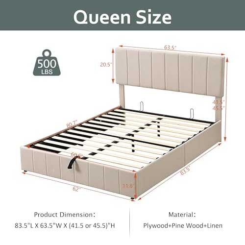 Gas Lift Up Storage Platform Bed, Upholstered Bed Frame with Hydraulic Storage System and Wooden Slat Support, Queen Size, Beige Merax