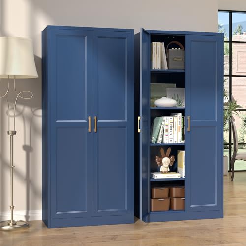 SteeLoong Kitchen Pantry Cabinet,71”Blue Metal Pantry Storage Cabinets with Doors and 4 Adjustable Shelves,Kitchen Cabinet with 2 Gold Handles,Tall Cabinet for Livingroom, SteeLoong