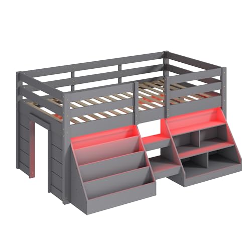 St.Mandyu Twin Size Low Loft Bed with LED Lights, Kids Twin Loft Bed with Stairs, Bookcase, Safety Guardrail and Under-Bed Play Space, Grey St.Mandyu