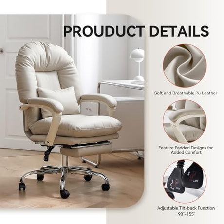 EMIAH Ergonomic Office Chair with Foot Rest Criss Cross Chair with Wheels Reclining Executive Office Chair Mid Back PU Leather Swivel Computer Chairs Lumbar Support for Home Office (Beige) EMIAH