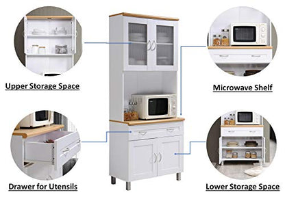 HODEDAH IMPORT Tall Standing Kitchen Cabinet with Top and Bottom Enclosed Cabinet Space, 1-Drawer, Large Open Space for Microwave in White