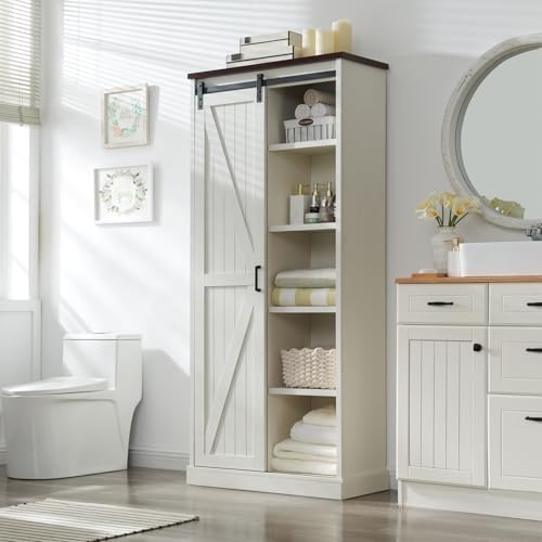 Aitjunz 72” Tall Farmhouse Bookshelf, 32” Wide Large Wooden Bookcase with Sliding Barn Door, 5-Tier Storage Cabinet with Adjustable Shelves, Modern Versatile Cabinet for Living Room, Bedroom, White Aitjunz