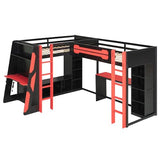 Merax Twin Size Gaming Loft Bed with Desk, TV Stand and Storage Shelves, Solid Wood Dual Twin Bed Frame with RGB LED Lights & USB Ports for Teens Bedroom, Space-Saving Design, Reversible Layout, Red Merax