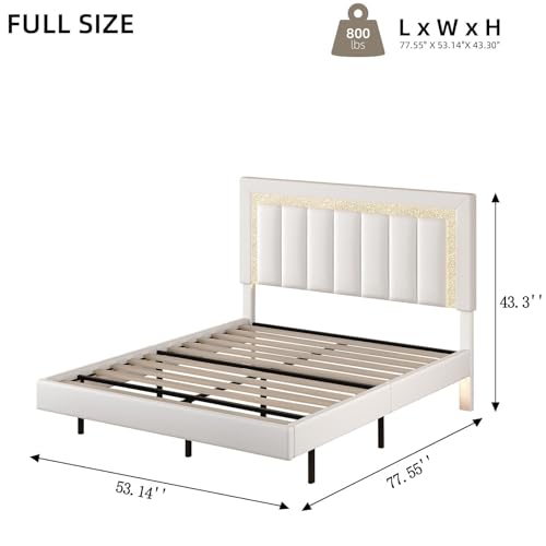 HOMBCK Floating Bed Frame Full with Smart LED Lights, Faux Leather Upholstered Platform Bed with Diamond PU Headboard, No Box Spring Needed, Noise-Free, Easy Assembly, White HOMBCK