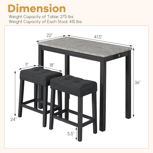 COSTWAY 3-Piece Bar Table Set with Charging Station, Modern Counter Height Breakfast Table w/Faux Marble Top & 2 Padded Stools, Wooden Console Table Set for Living Room, Kitchen, Dining Room (Gray) COSTWAY