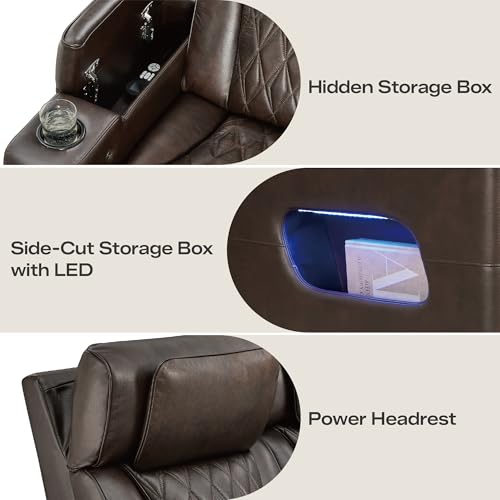 Watson & Whitely Genuine Leather Power Recliner Chair with Power Headrest, Lay Flat Home Theater Recliner with LED Lighting, Massage & Heat, Arm Storage & Cup Holders for Living Room, Brown
