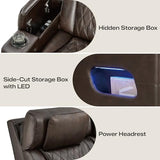 Watson & Whitely Genuine Leather Power Recliner Chair with Power Headrest, Lay Flat Home Theater Recliner with LED Lighting, Massage & Heat, Arm Storage & Cup Holders for Living Room, Brown