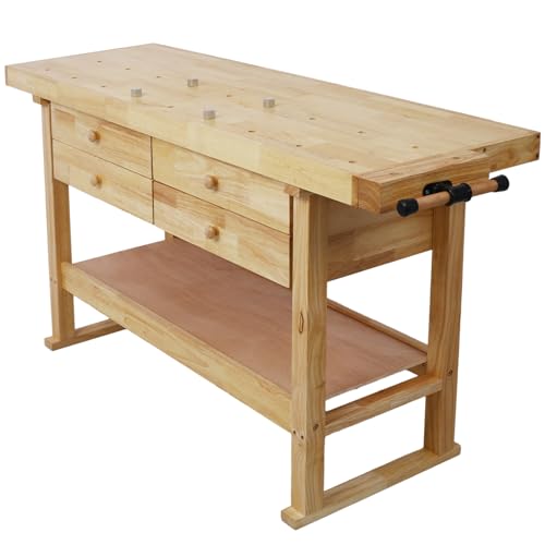 60" Solid Wood Workbench with 4 Drawers and Lower Shelf, Durable Rubberwood Wooden Workbench for Garage, Woodworking Carpenter Workshop and Home Natural Finish 330 lbs Capacity - WoodArtSupply