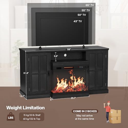 Flamaker Fireplace TV Stand for TVs up to 65'', 3-Sided Glass Media Entertainment Center Console with Storage, Adjustable Flame LED Color for Living Room (Black) Flamaker