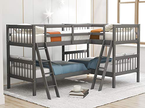 L-Shaped Bunk Bed Twin Over Twin, Quad Bunk Bed with Angle ladder and Security Guardrail, Twin size Bunk Beds Compatible with 4, Wooden Corner Bunk Beds Compatible with 0, Teens, Adults, No Box Spring MhaRt