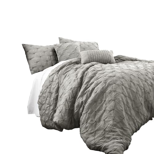 Lush Decor Ravello Pintuck Comforter Set - Luxe 5 Piece Textured Bedding Set - Traditional Glam & Farmhouse Inspired Bedroom Decor - King, Gray Lush Decor