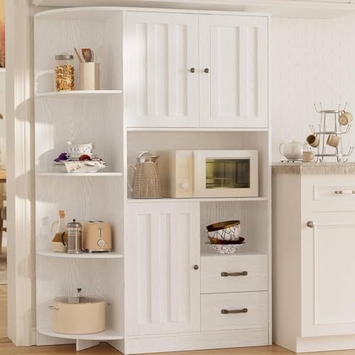 Gizoon 60.4" Farmhouse Kitchen Pantry Storage Cabinet with Doors and Adjustable Shelves, Large Kitchen Hutch with Drawers, Freestanding Cupboard for Dining Room, Living Room, White - WoodArtSupply