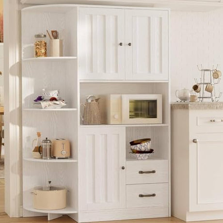 Gizoon 60.4" Farmhouse Kitchen Pantry Storage Cabinet with Doors and Adjustable Shelves, Large Kitchen Hutch with Drawers, Freestanding Cupboard for Dining Room, Living Room, White Gizoon