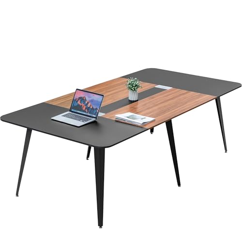 Shahoo 8FT Conference Table, Large Meeting Table with Rectangle Grommet and Metal Frame, Modern Seminar Boardroom Table for Office Conference Room, Black and Brown（94.5L*47.2W*29.9" H）