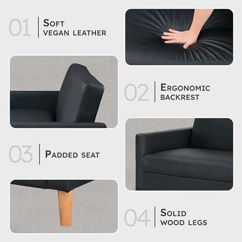 Lexicon 79"W Convertible Futon Sofa Bed, Loveseat, Faux Leather Upholstered Couch Sleeper, Adjustable Backrests, Padded Pocket Coil, Solid Wood Legs for Living Room, Bedroom, Apartment, Office, Black Lexicon