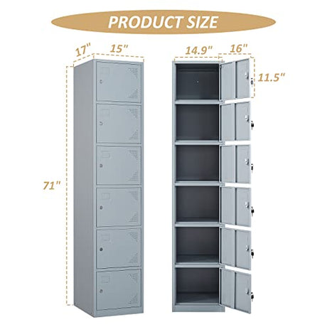 SISESOL Metal Locker Storage Cabinet with Doors and Shelves Metal Lockers with 6 Doors,71" Lockable Small Locker Storage Cabinet for Employees,School, Office, Home, Gym (Gray) SISESOL
