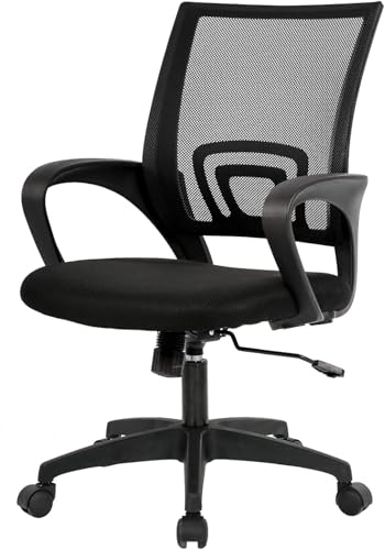 BestOffice | Ergonomic Office Chair | Mid-Back Swivel Desk Chair | Breathable Backrest & Lumbar Support | Adjustable Height | Sponge Seat | Rolling Wheels | Dark Black | for Adults & Women BestOffice