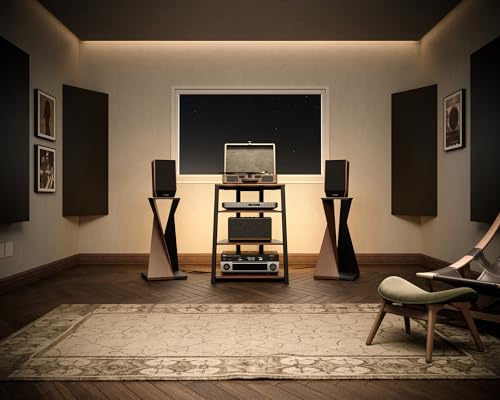 FITUEYES Design 4-Tier AV Media Stand Corner Shelf with LED Backlight for Record Player Wooden Stereo Cabinet Audio Rack Tower with Height Adjustable Wooden Shelves for Xbox One FITUEYES