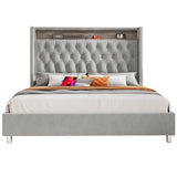 Jocisland Gray Velvet Queen Bed Frame with LED Lights & Charging Station Jocisland