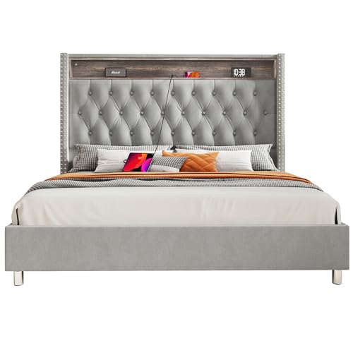 Jocisland Gray Velvet Queen Bed Frame with LED Lights & Charging Station - WoodArtSupply