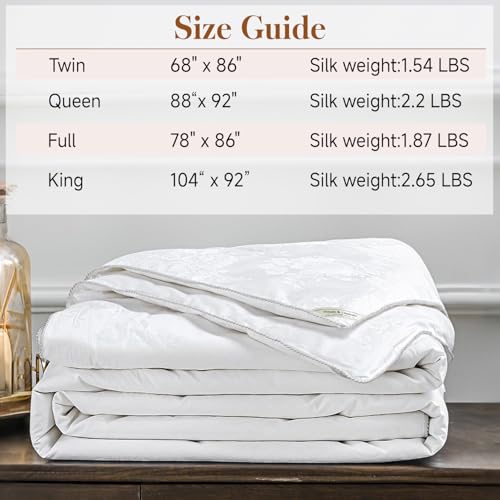 Simple&Opulence 100% Long-Strand Silk Comforter Full-78”x86”, Tussah Silk Weight 1.87 LBS Breathable Jacquard Duvet Insert with Cotton Cover Quilt for Spring/Summer/Fall Premium Bedding, Creme Simple&Opulence