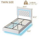 BarnFurin Floating Twin Bed Frame with LED Lights, Upholstered Platform Bed with Diamond Tufted Headboard, No Box Spring Needed, Noise Free, Easy Assembly, White BarnFurin